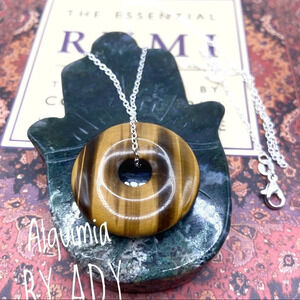 Tiger’s Eye donut medallion sterling silver necklace/worry stone/courage